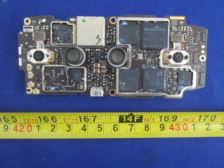 Video processing PCB with Ambarella SoC, memory, and RF connectors.