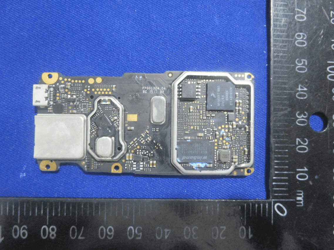 Ambarella SoC, flash memory, and multi-section EMI shielding.