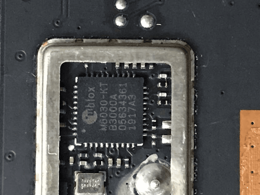 GNSS receiver PCB section with u-blox M8030-KT and RF shielding.