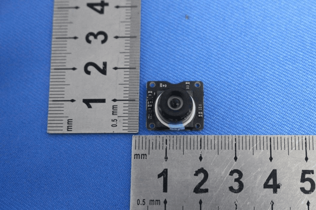 High-resolution camera module with lens assembly and compact PCB for aerial imaging.