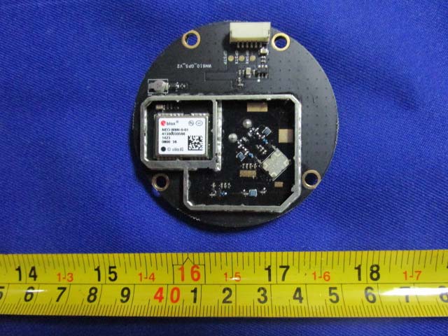 Ublox M8N GPS module with EMI shielding and connector.