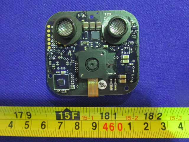 VPS module with camera and ultrasonic transducers for indoor hovering precision.