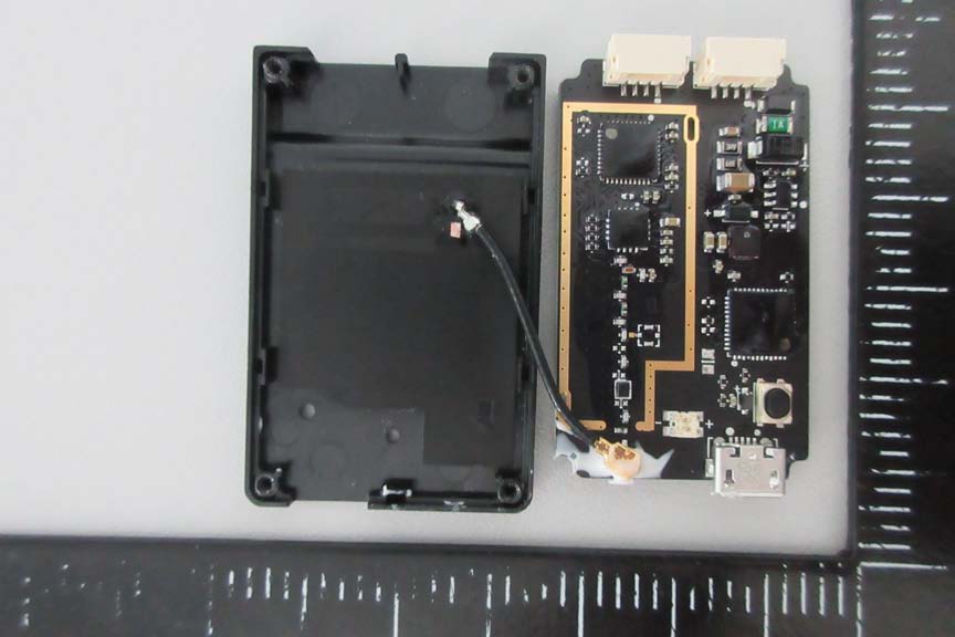 PCB with PCB trace antenna, U.FL connector, and micro-USB interface