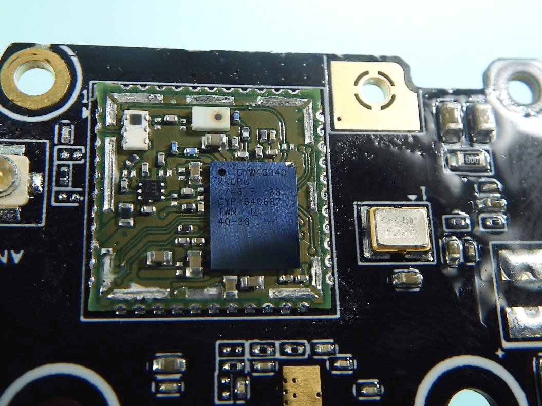 RF section with CYW43430 Wi-Fi/Bluetooth chip and shielded radio module.