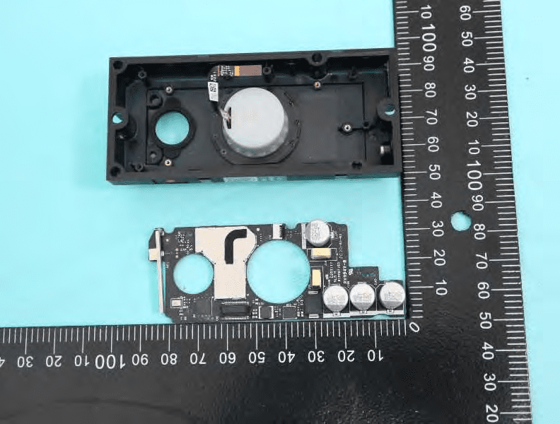 Main PCB with shielded SoC and power filtering; speaker/chime visible.