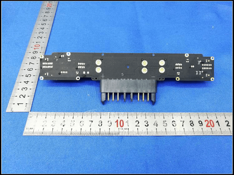 Power distribution board with heavy-duty connector and test points.