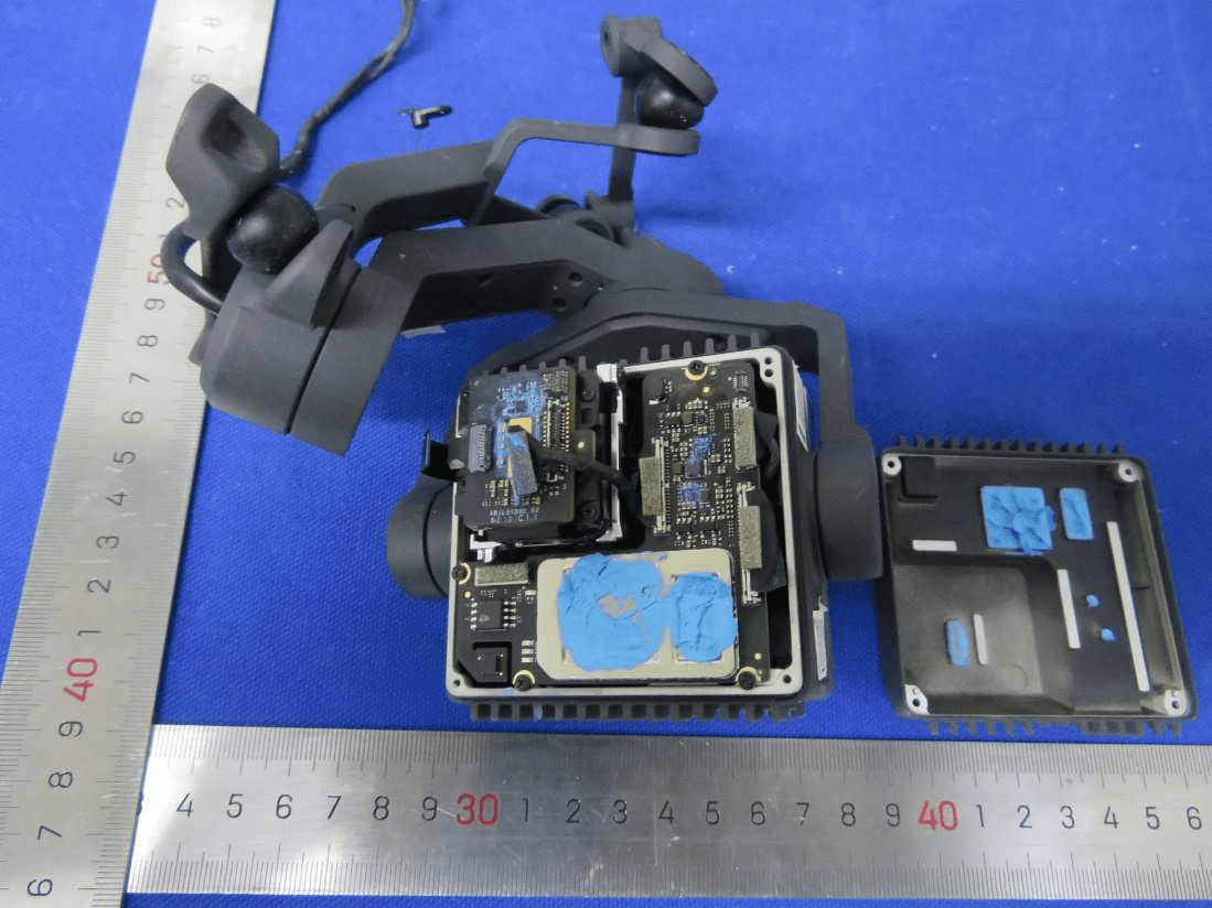 High-density camera/gimbal PCB with ISPs, thermal pads, and gimbal motor integration.