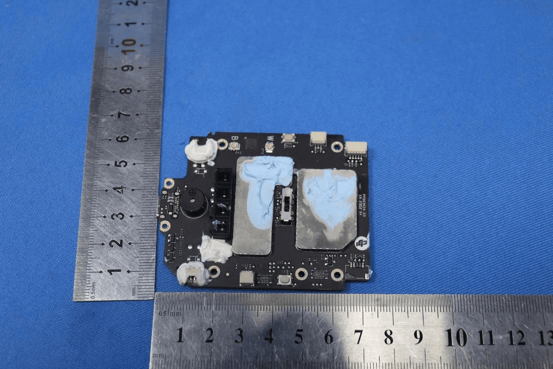 Shielded drone controller PCB with SoC and RF/power domains.