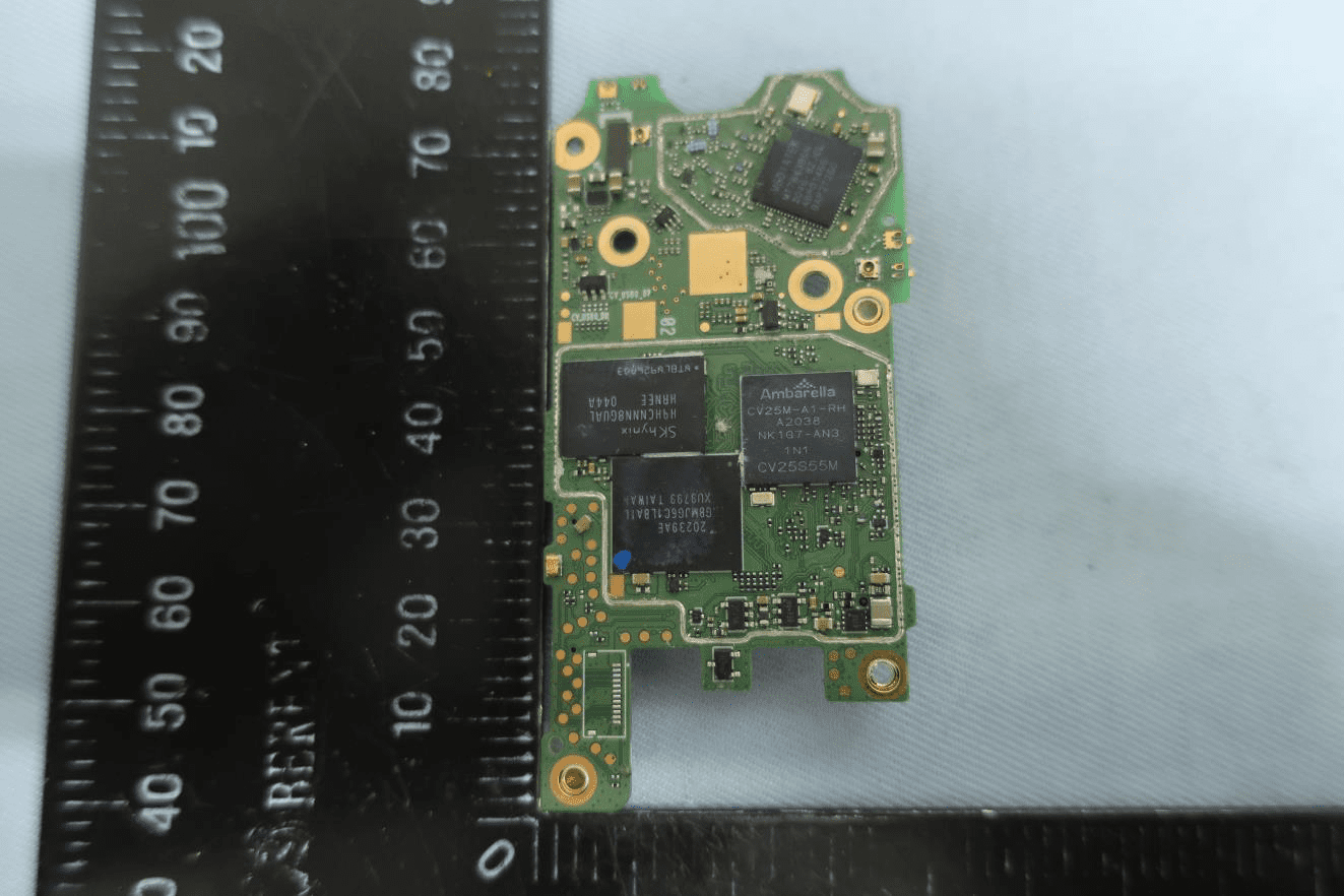 Ambarella CV25M AI SoC, dual memory chips, and dense multi-layer PCB.